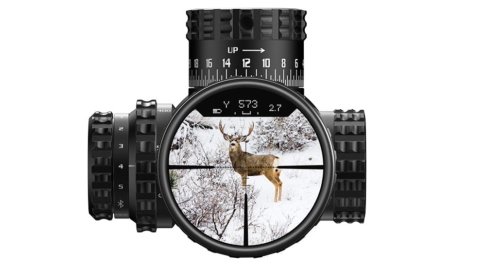 Burris Veracity PH rifle scope heads up display with mule deer buck in view.