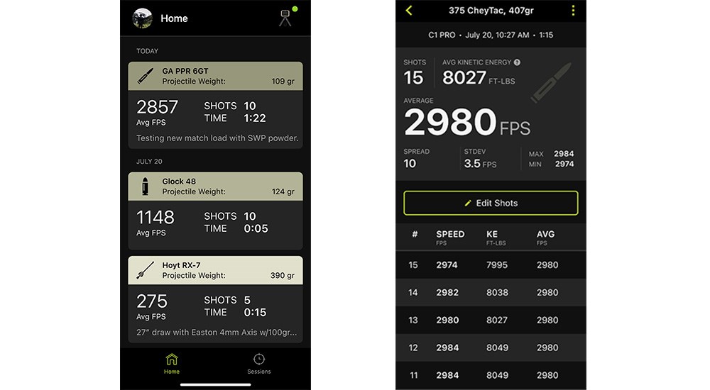 Garmin ShotView app screenshots showing chronograph measurements.