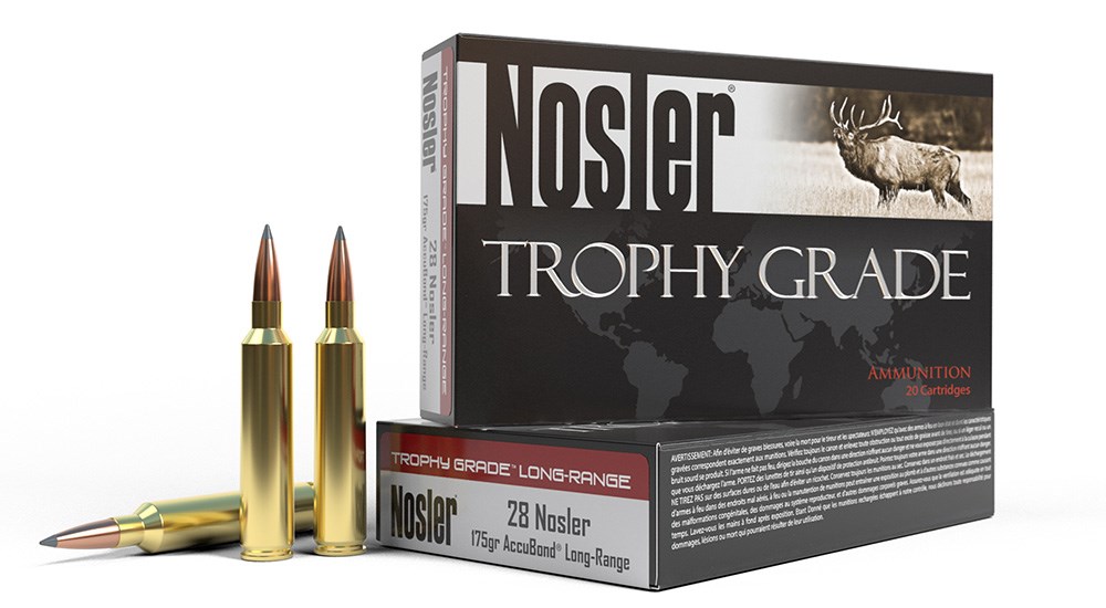Nosler 28 Nosler Trophy Grade 175-grain ammunition standing next to ammunition box.