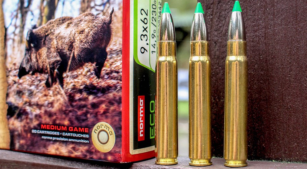 Norma EcoStrike 9.3x62mm Mauser ammunition cartridges.