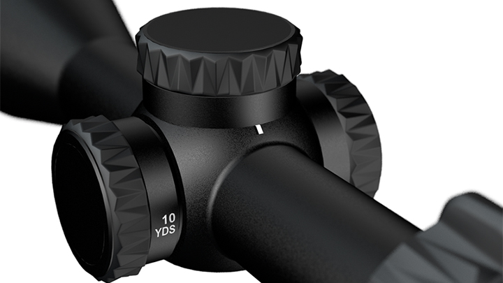 Optika5 2-10x42 PA Capped Turret and Side Parallax Adjustments