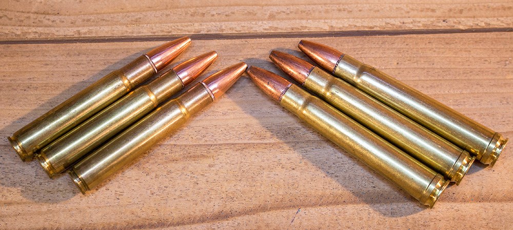 35 Whelen ammunition, left, next to .375 Holland and Holland Magnum ammunition, right.