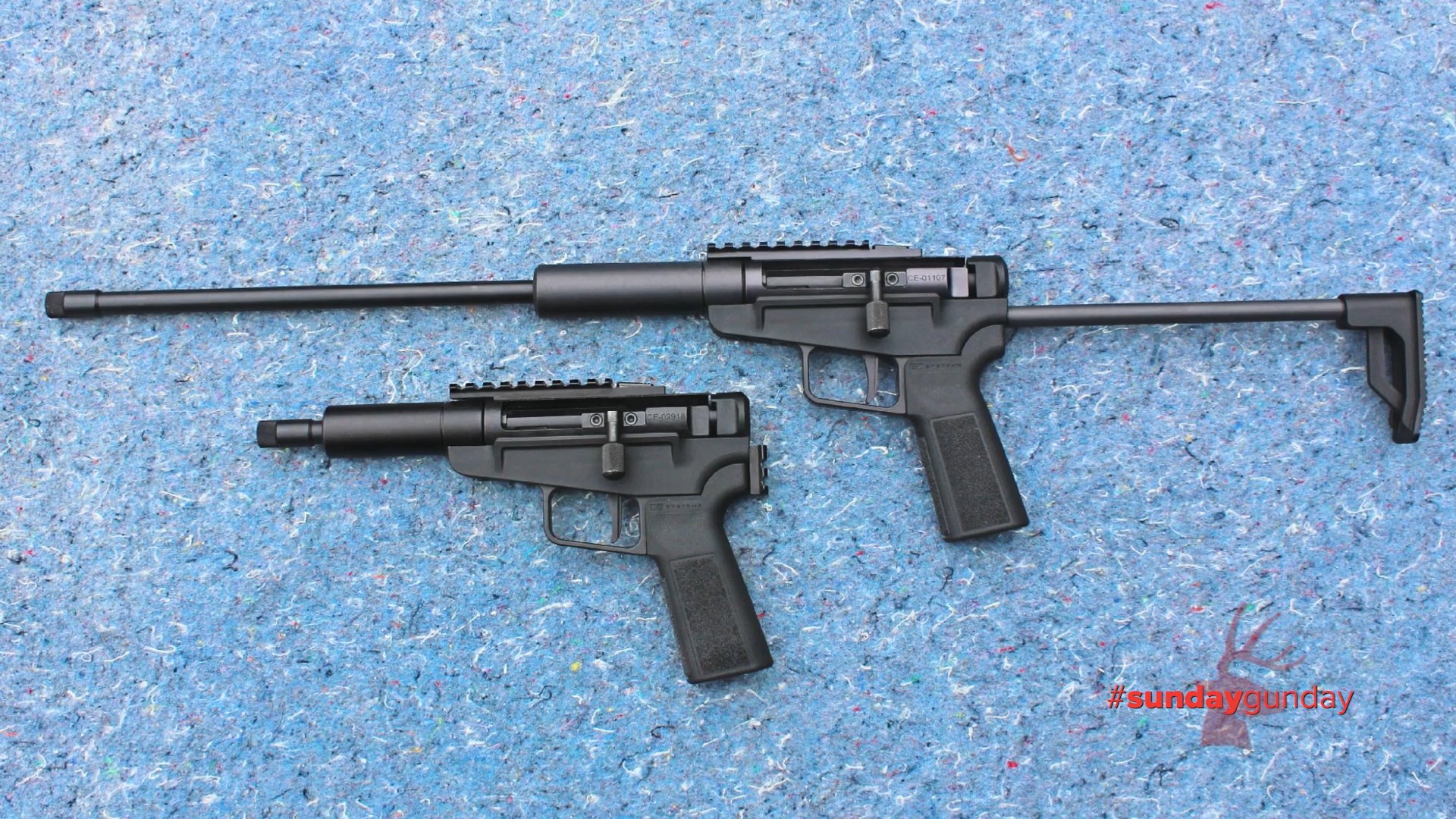 Dark Mountain Arms Stowaway Rifle Pistol side-by-side comparison blue background guns left-side view black metal plastic sundaygunday deer logo bottom right watermark