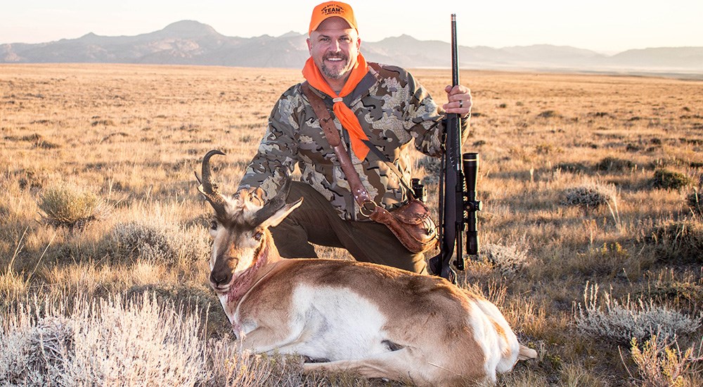Male hunter with pronghorn taken in Wyoming with 7mm Precision Rifle Cartridge ammunition.