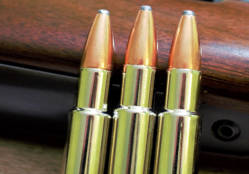 The .416 Rigby ammunition cartridges leaning against wood-stocked rifle.