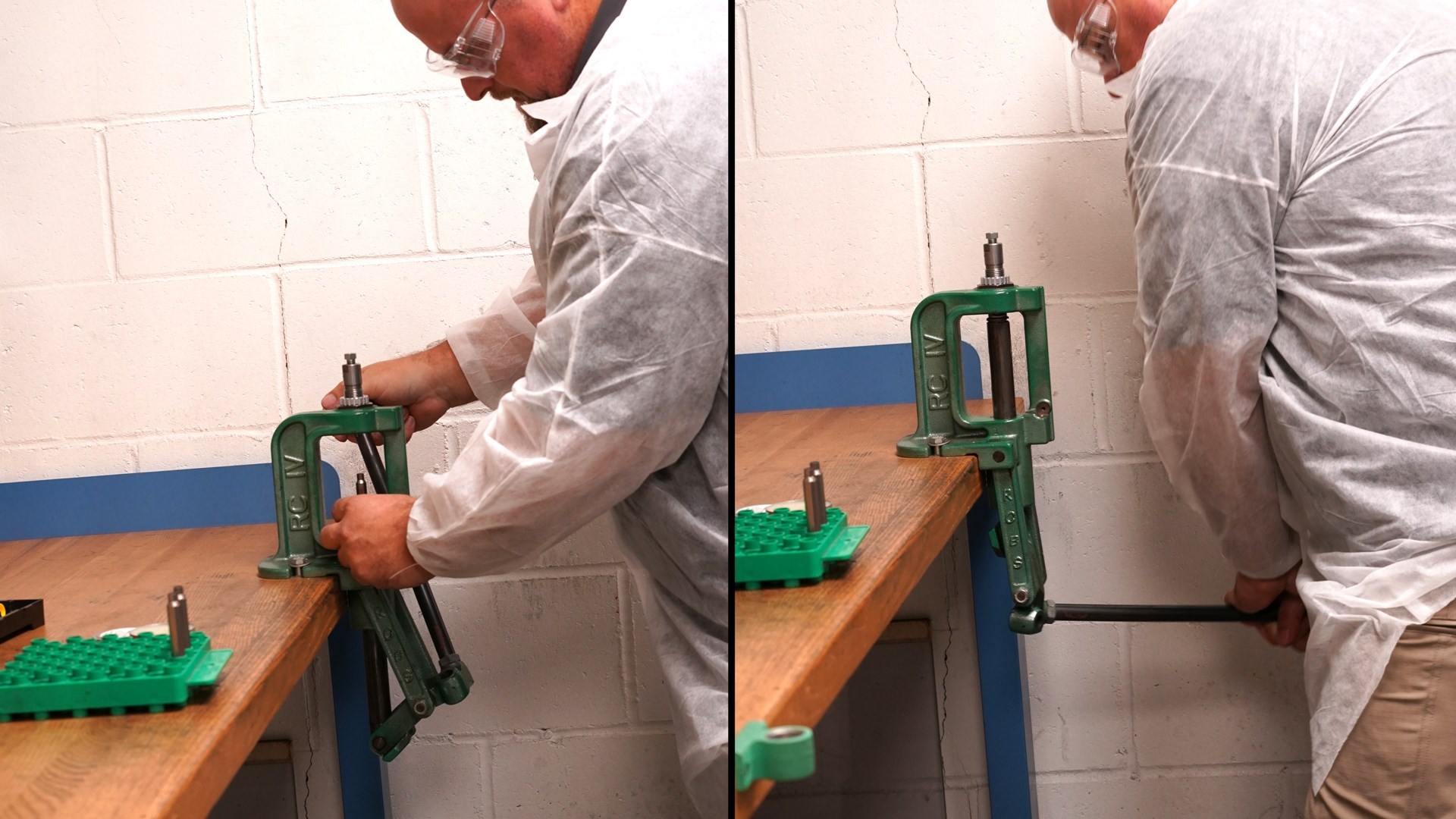 7mm Backcountry loading on bench with man pumping handle from RCBS Rockchucker press on wood table