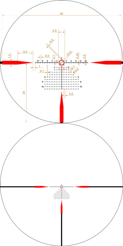 3OT Reticle, zoomed in and zoomed out, with measurements