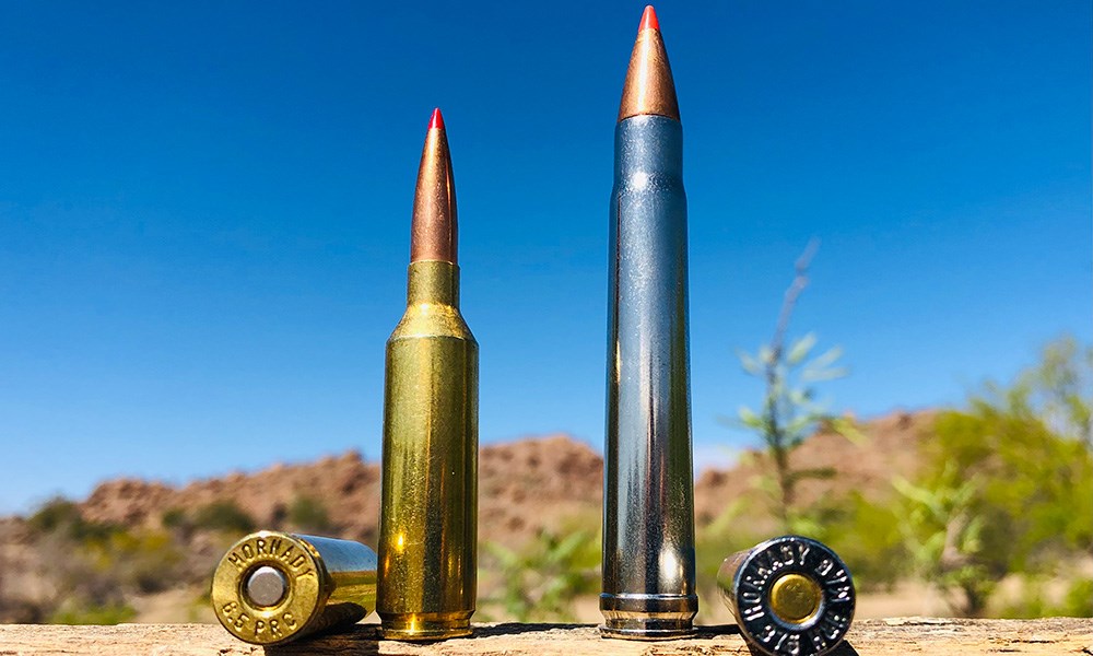 Hornady 6.5 PRC rifle cartridge, left and Hornady .375 H&H Magnum rifle cartridge, right