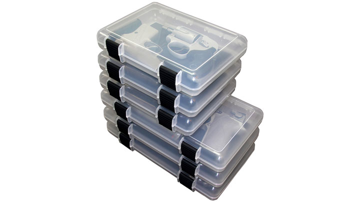 Three of each size of storage case, stacked on top of each other, large on bottom.