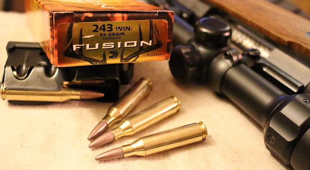 Federal Fusion .243 Winchester 95-grain ammunition laying next to scoped rifle.