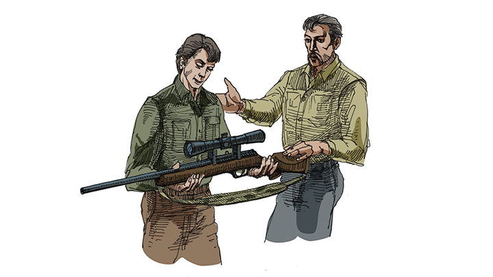 Man Teaching New Hunter to Use Rifle