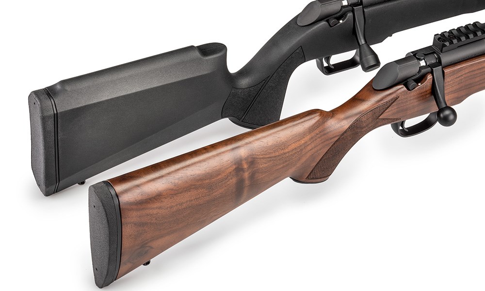 Synthetic and wood rifle stock options for Springfield Model 2020 Rimfire Classic rifle side by side.