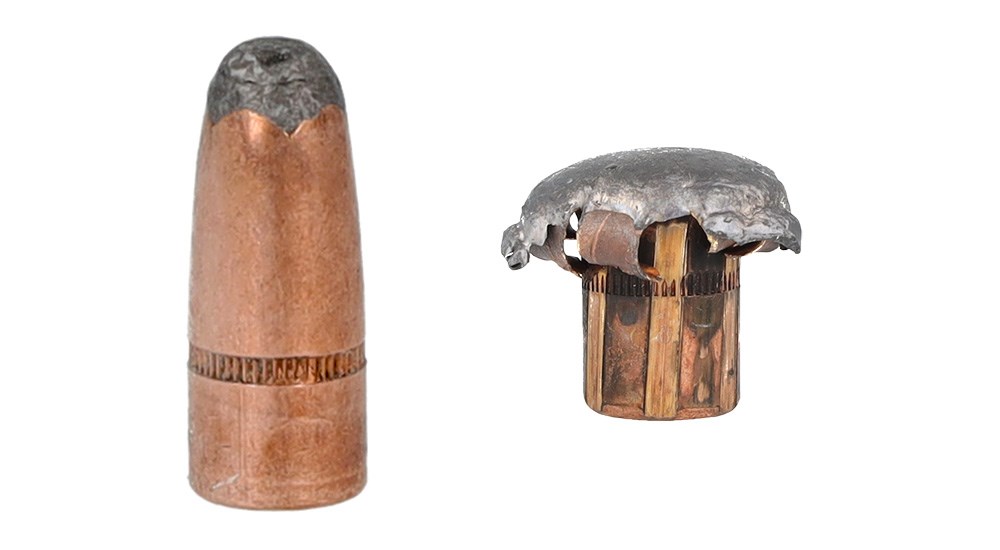 Remington 360 Buckhammer Core-Lokt bullet, left, and mushroomed bullet, right.