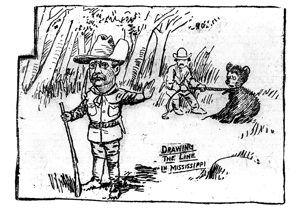 Cartoon of Teddy Roosevelt refusing to shoot tied up bear.