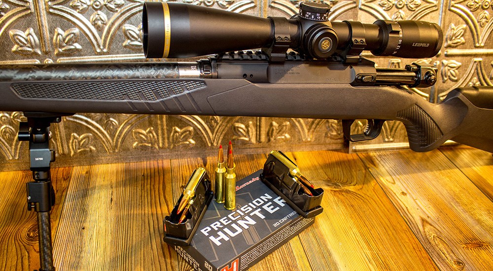 Leupold VX-5HD riflescope atop Savage Impulse Mountain Hunter straight pull rifle.