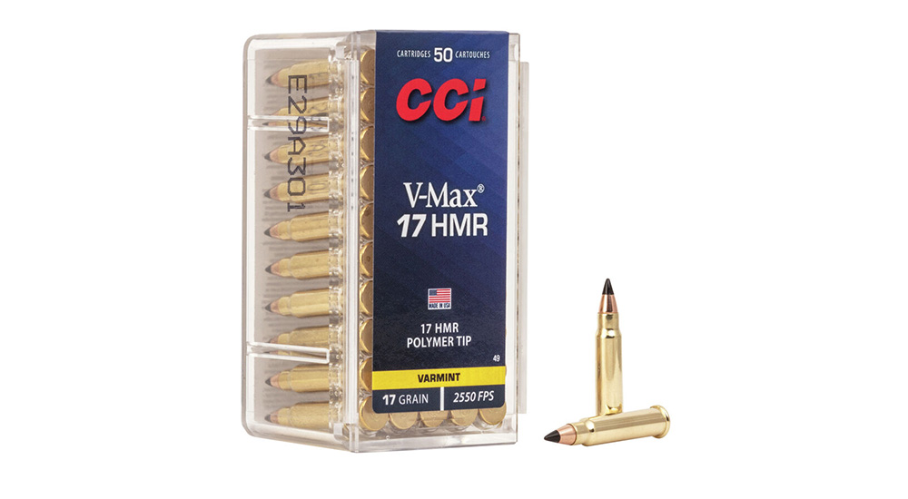 CCI V-Max .17 HMR 17 grain rimfire ammunition with packaging on left.
