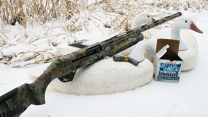 Semi-Automatic Shotgun Laying Across Snow Goose Decoys
