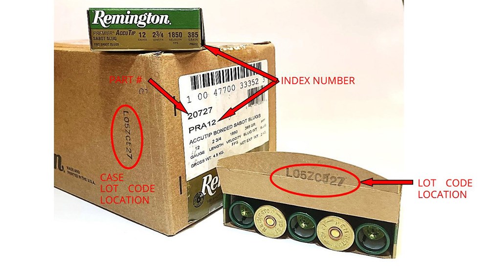 Remington Premier AccuTip sabot slug box with red arrows pointing to index number and lot code location.