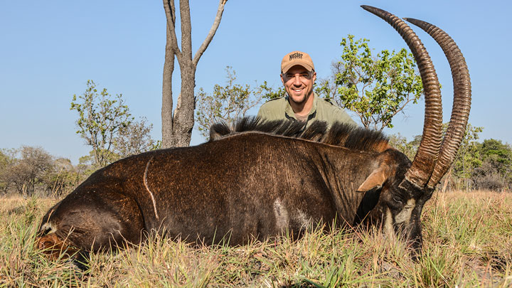 Author kneeling behind a sable antelope.