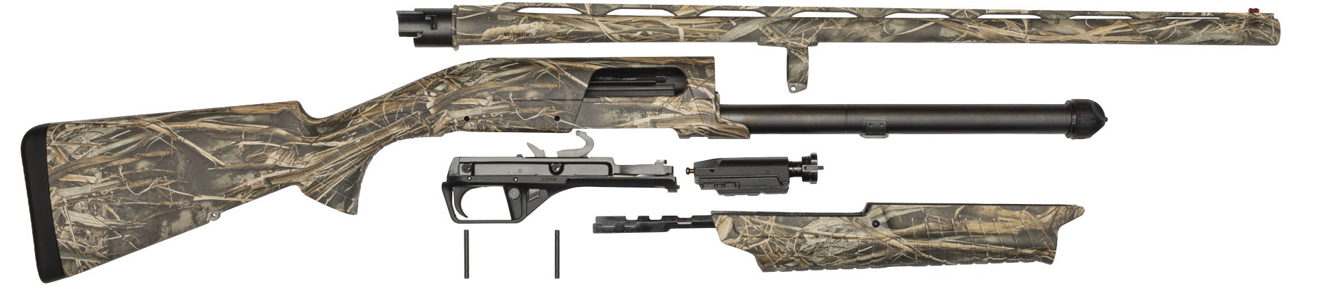 Benelli USA NOVA 3 pump-aciton exploded view right side disassembled gun on white background barrel receiver magazine trigger assembly slide