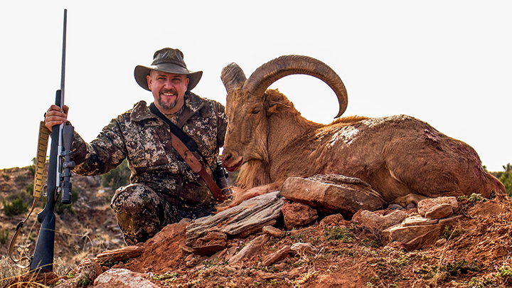 Hunter with Aoudad Ram taken with .300 Winchester Magnum