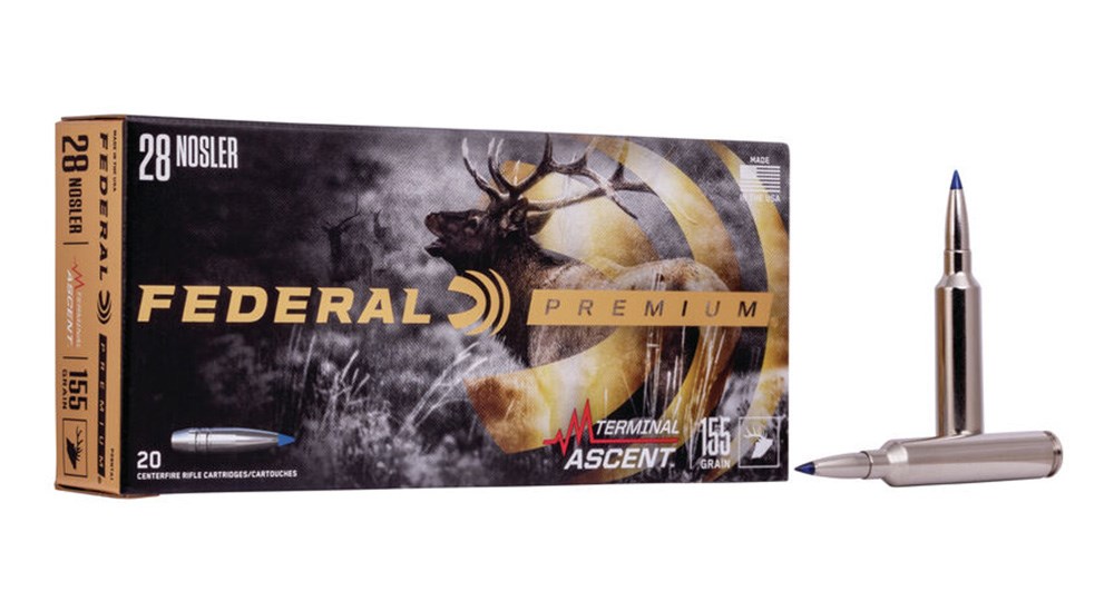 Federal Premium Terminal Ascent 28 Nosler 155-grain ammunition box, left, with two rounds of ammunition, right, on white background.