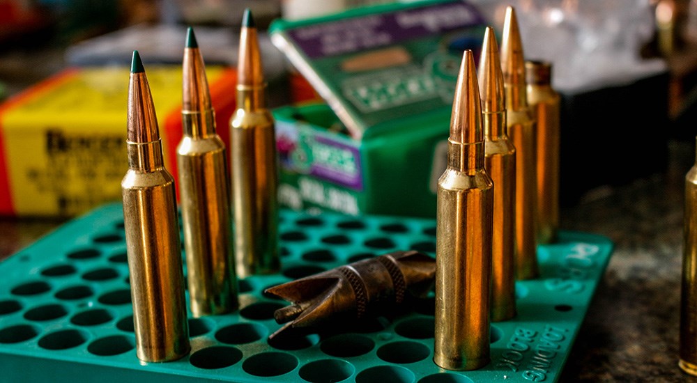 Handloaded 30 Nosler ammunition cartridges.