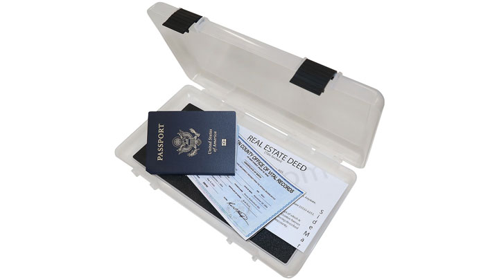 Open In Safe Handgun Storage case with a passport and birth certificate inside, for scale