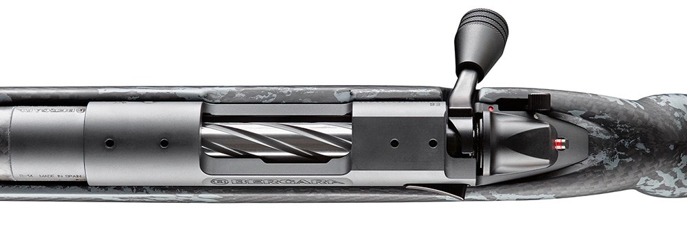 Bergara B-14 Squared Crest Carbon bolt and bolt handle from top view.