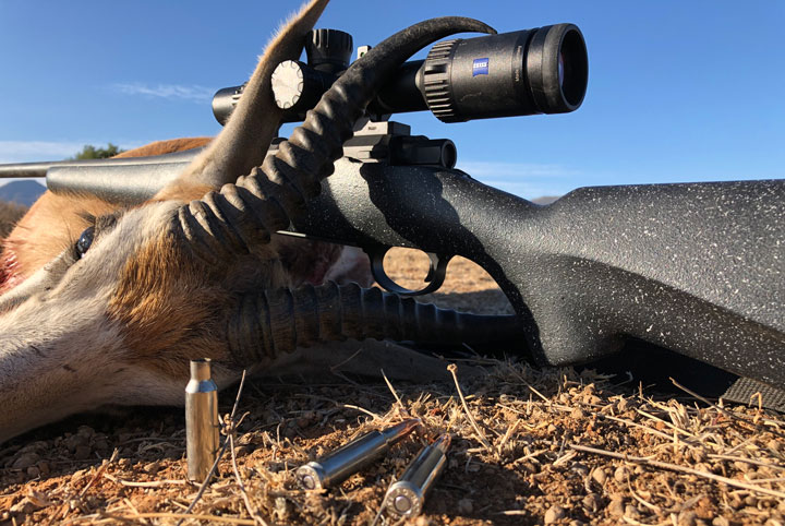 A scoped rifle lays under the horns of downed African plains game