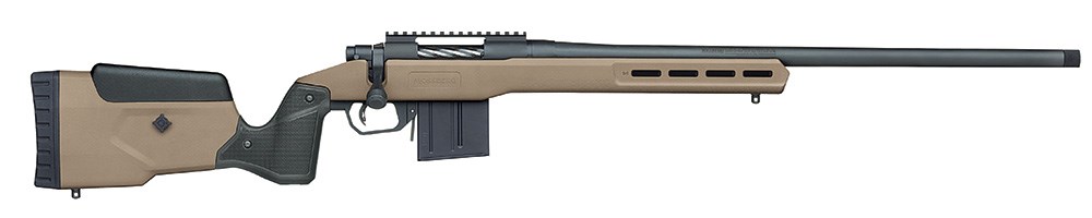 Mossberg Patriot LR Tactical bolt-action rifle full length image pointing right.