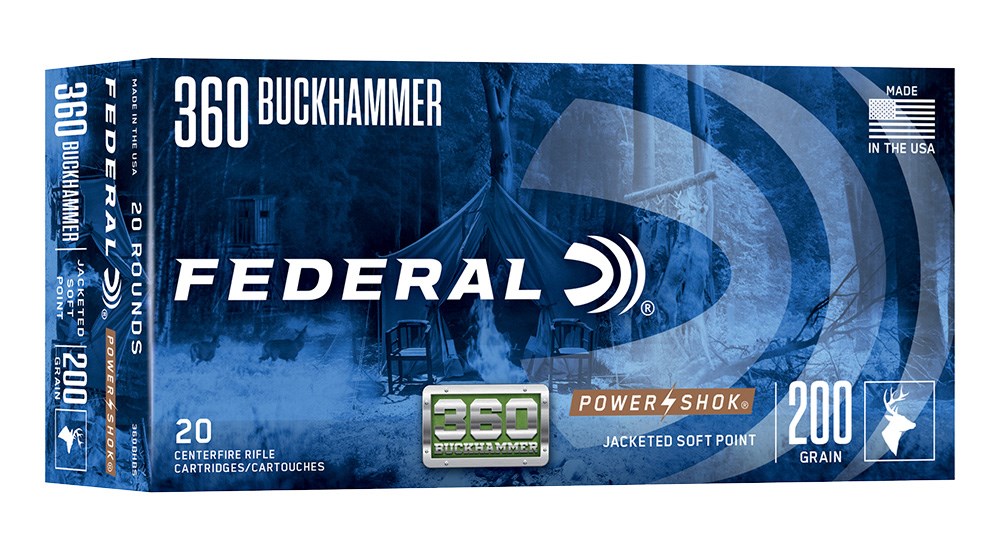 Federal 360 Buckhammer 200-grain blue ammunition box.