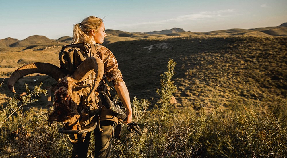 Female hunter carrying aoudad meat in backpack down mountain.
