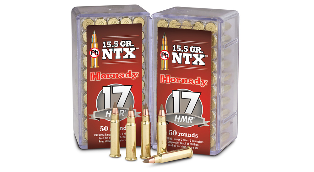 Hornady .17 HMR 15.5 grain NTX varmint ammunition with packaging behind.
