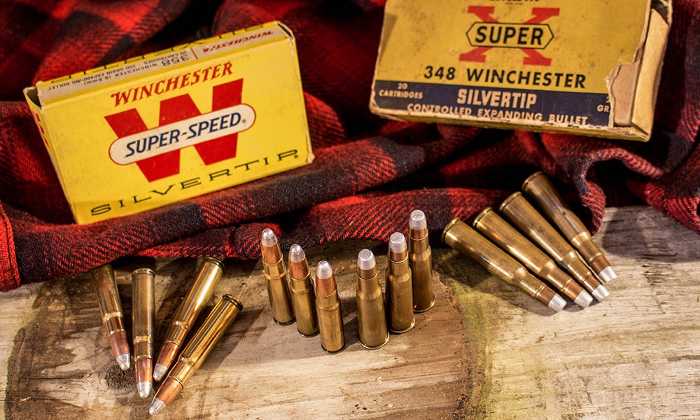 Winchester Super-Speed SilverTip .358 Winchester ammunition, left, beside Winchester Super X SilverTip .348 Winchester ammunition.
