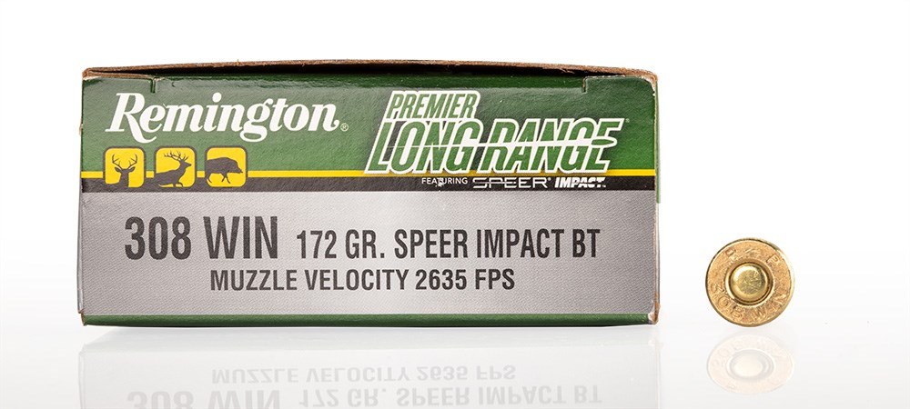 Remington Premier Long Range .308 Winchester 172-grain Speer Impact bullet ammunition box.