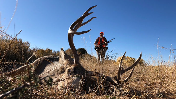 Hunter stands in the background, looking over a felled buck in the foreground