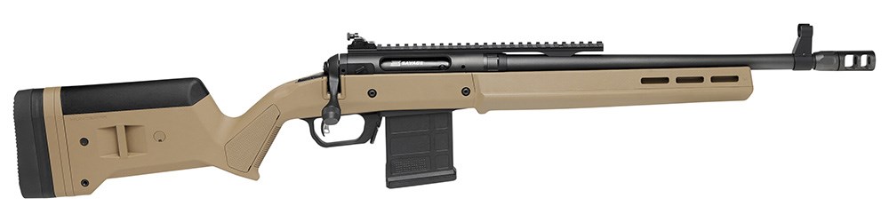 Savage 110 Magpul Scout rifle in flat dark earth, full length facing right.