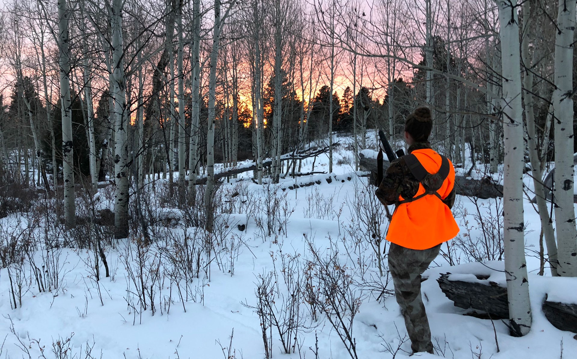 Huntress walking into trees at sunset