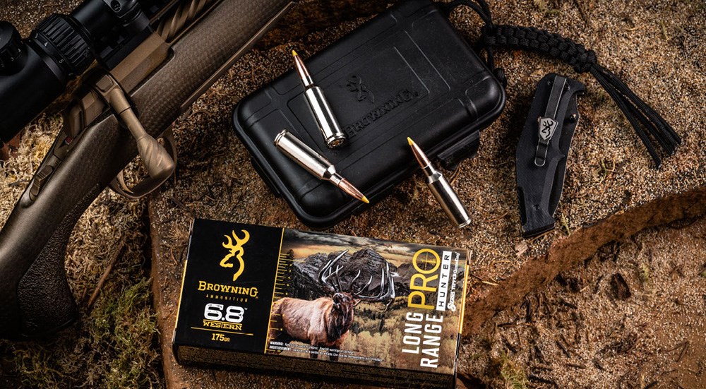 Browning Long Range Pro Hunter 6.8 Western ammunition on rock.