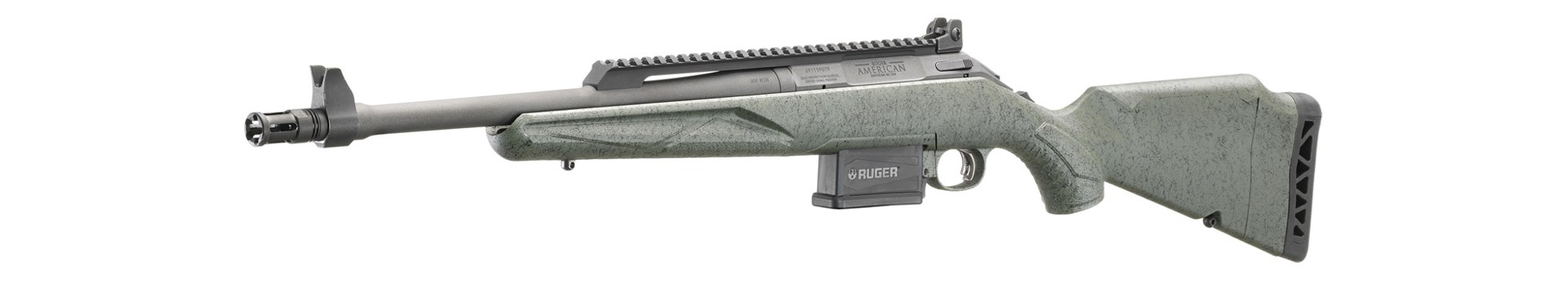 Ruger American Scout Gen II left-side angled view on white gray rifle