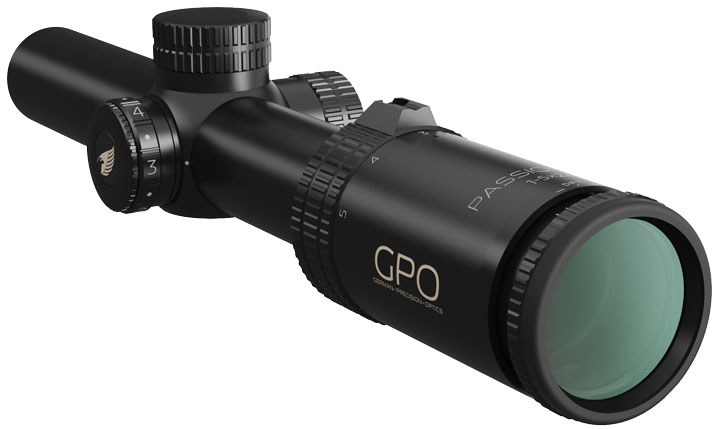 GPO 1-5x 24mm illuminated riflescope, angled on a white background