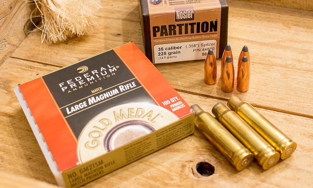 The 350 Remington Magnum cartridge components for reloading.