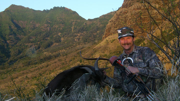 Author poses with a downed billy, Hawaiian mountains in the background.
