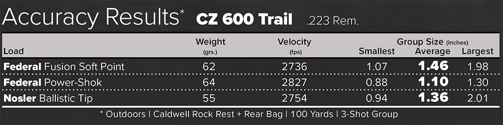 CZ 600 Trail bolt action centerfire rifle accuracy results chart.