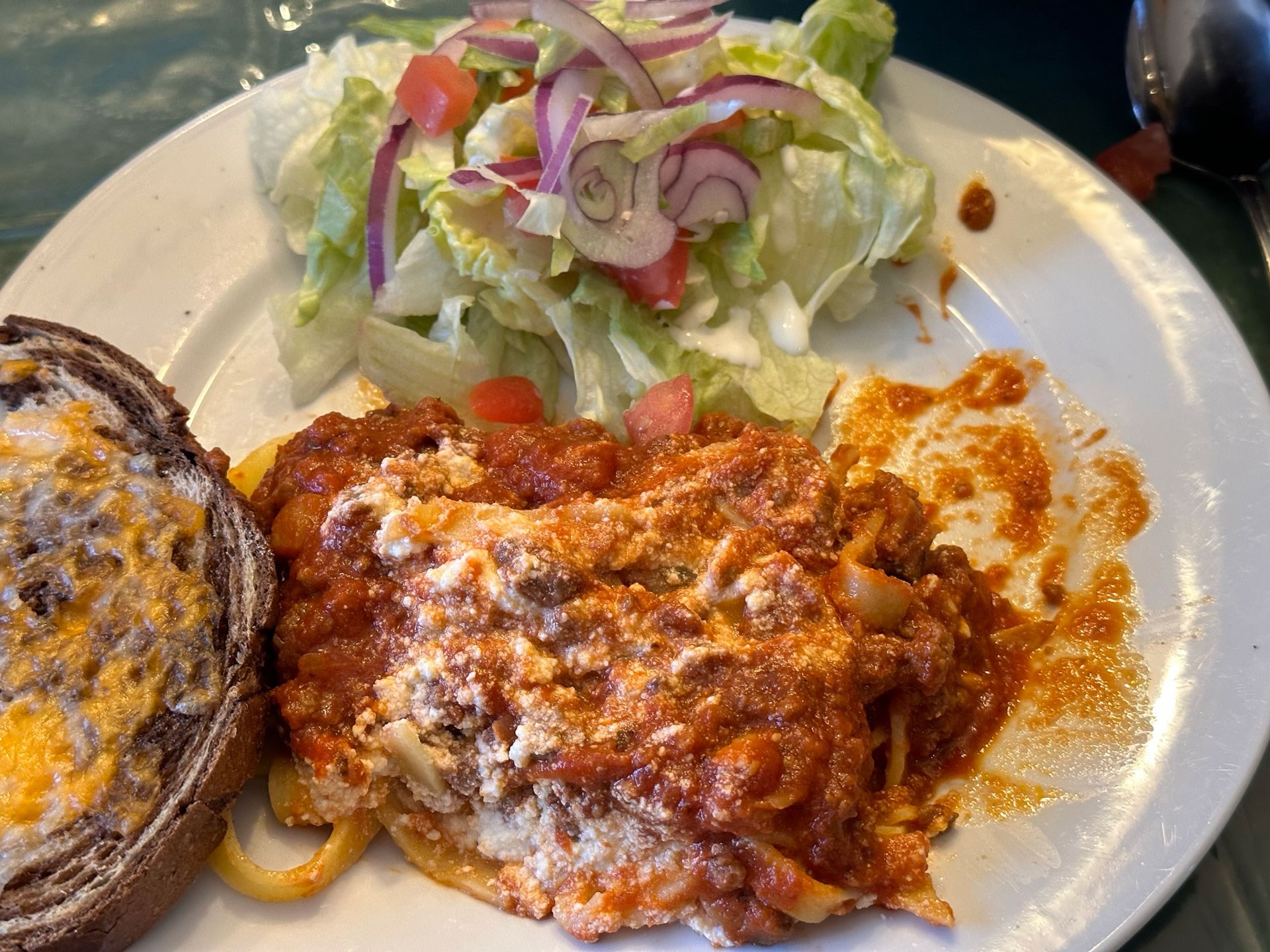 Pasta with salad and bread