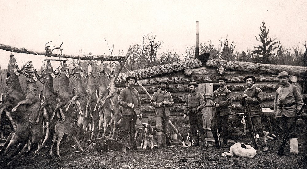 Historical photo of deer hunters near buck pole holding several whitetail deer.