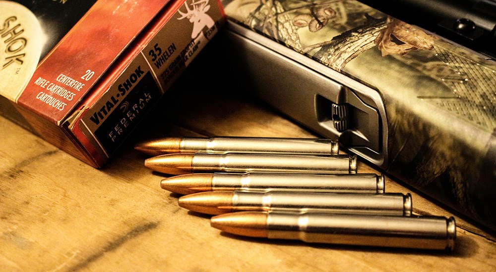 Federal Premium Vital Shok .35 Whelen ammunition cartridges.