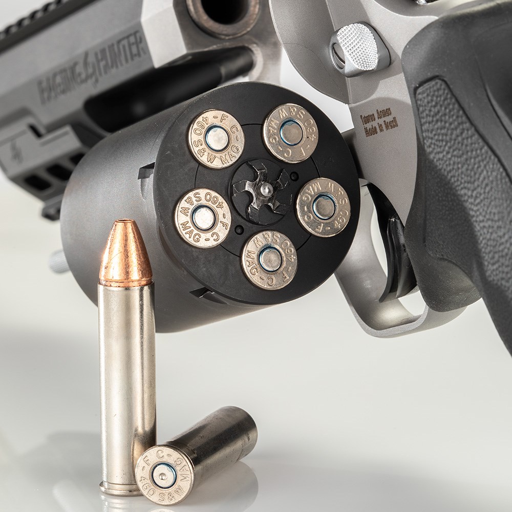 Taurus Raging Hunter 10-Inch .460 S&W Magnum revolver cylinder with Federal premium ammunition.