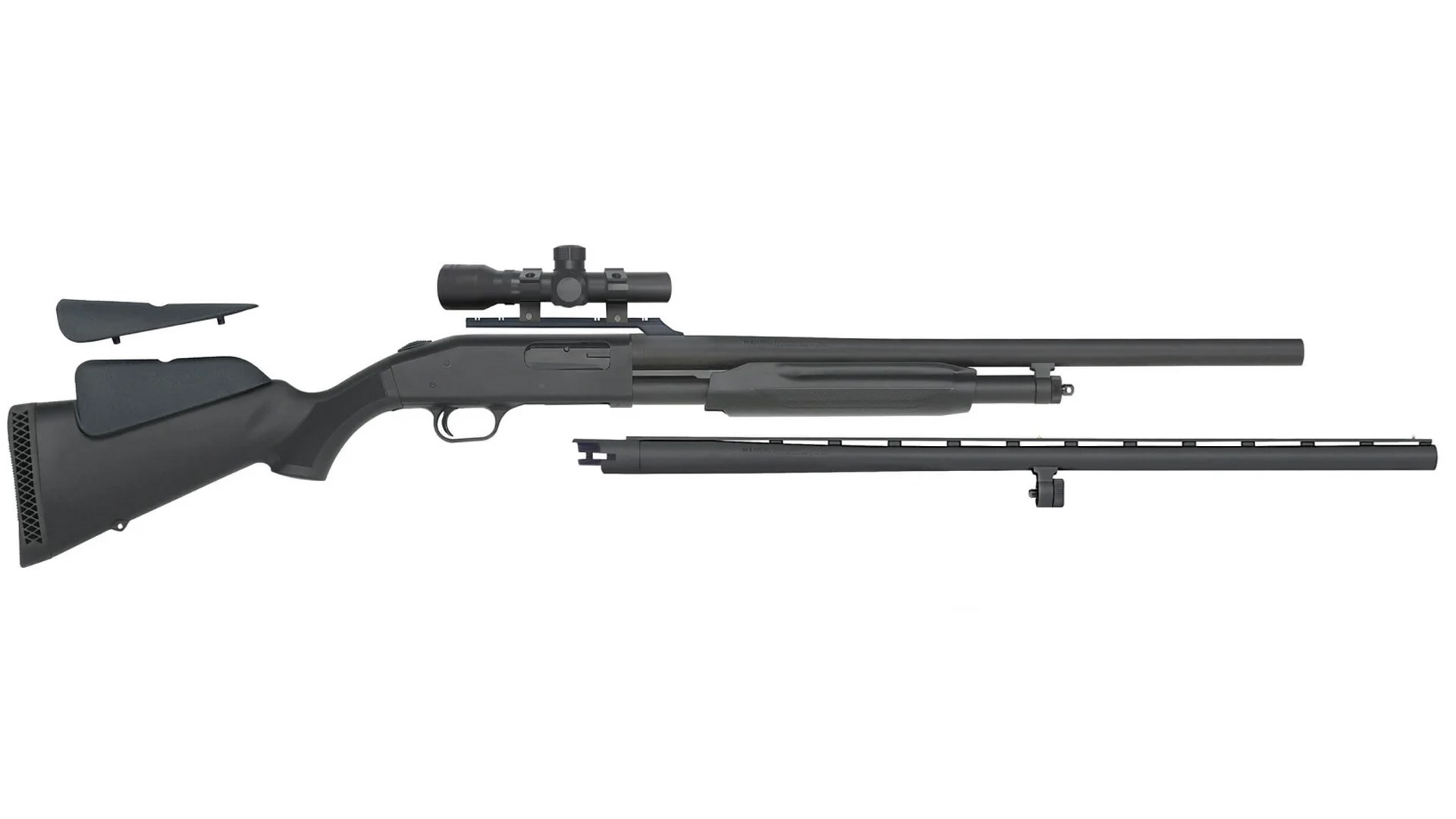 Mossberg Model 500 pump-action shotgun field/deer combo shown with black furniture cheek riser optic and spare barrel
